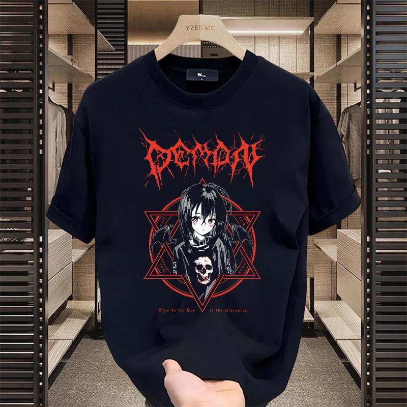 Women's Black Graphic Print T-shirt Avant-garde Skull Corner Design American Classic Retro Anime Girl Street Short Sleeve Couple