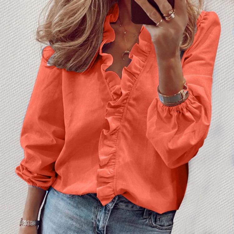 Elegant Women's Fashion Long Sleeve Solid Color Comfort Ruffle Blouse Shirt