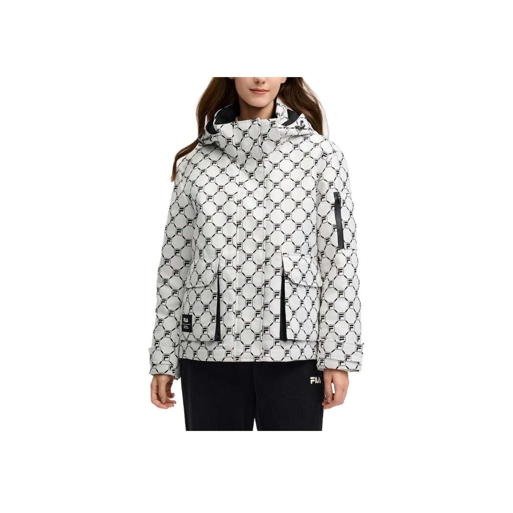 FILA SS25 All Over Logo Warm Hooded Jacket Women jackets Cloud-Mushroom-White F11W518901F-WT