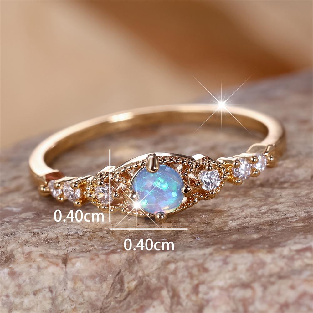 Blue Opal Small Round Stone Thin Engagement Rings For Women Vintage Gold Color White Zircon Wedding Band Birthstone Jewelry Gift