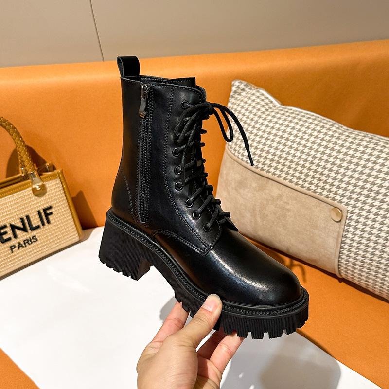 New Chelsea Short Boots Women's British Short Single Boots Round Martin Boots Heightened Thick-soled Cigarette Boots