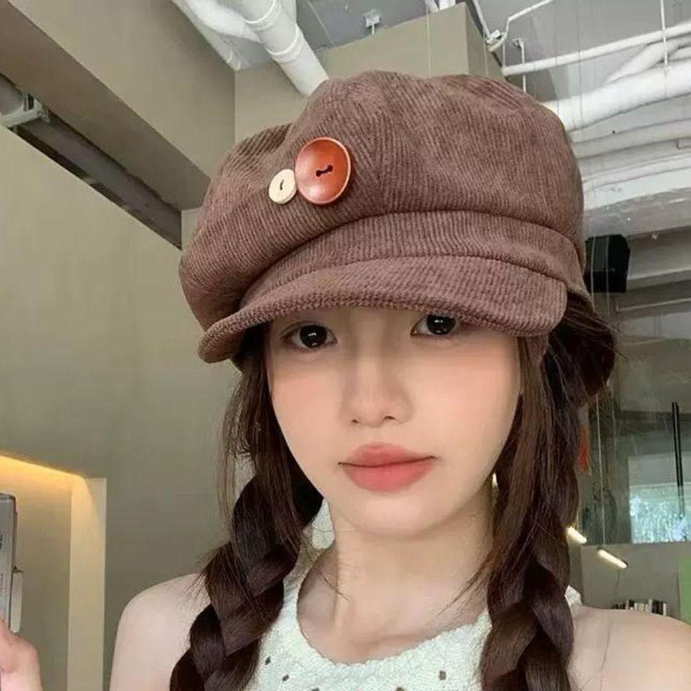 Japanese Double Button Berets Hat Y2k Octagonal Hat Retro Corduroy Baseball Cap  Girls