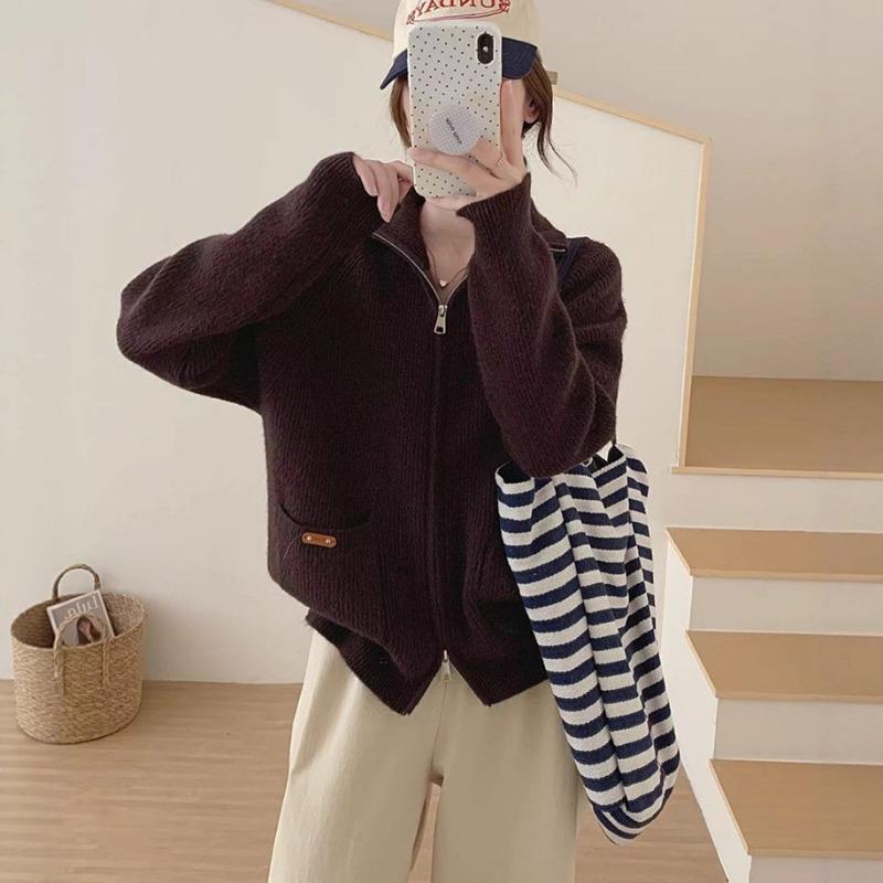 

Кардиган вязаный на двойной молнии со стойкой для женщин, новинка осени и зимы, свободный и универсальный, в ленивом повседневном стиле, куртка-свитер для женщин One Size кофейный