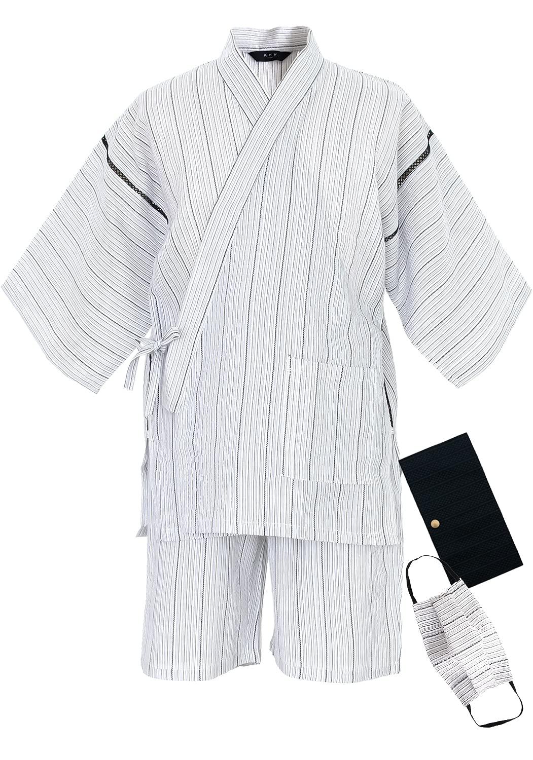

Jinbei set silk mask Stylish Pajamas Day Striped [KYOETSU] 3-piece (jinbei, mask, case) Father s Men s (L, (1) White)