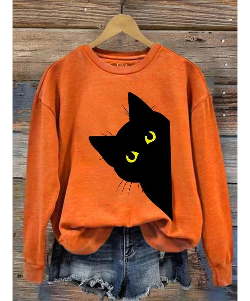 Bluza z nadrukiem czarnego kota Druk 3D Bluzy Damskie Moda Bluzy z długim rękawem Dekolt O Streetwear Oversize Odzież dla dziewcząt