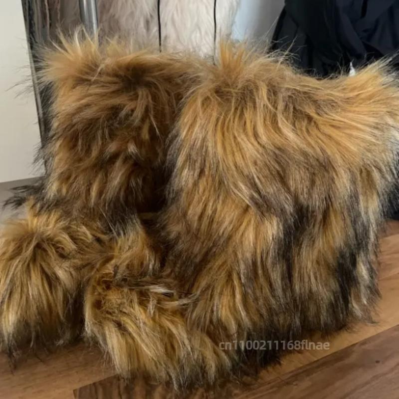 European and American Fur Snow Boots Winter New Style with Thickened Sleeve, Imitating Raccoon and Fox Fur Midsole Boots