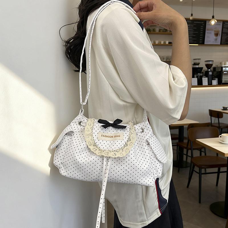Yogodlns Lace Polka Dot Shoulder Bag Cute Drawstring Flap Crossbody Handbag Sweet Vintage Messenger Purse Daily Casual