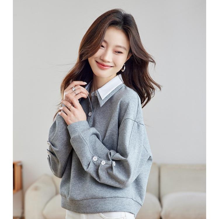 Autumn Women Grey  Loose Fit Long Sleeve Tops with Contrast Collar College Fashion