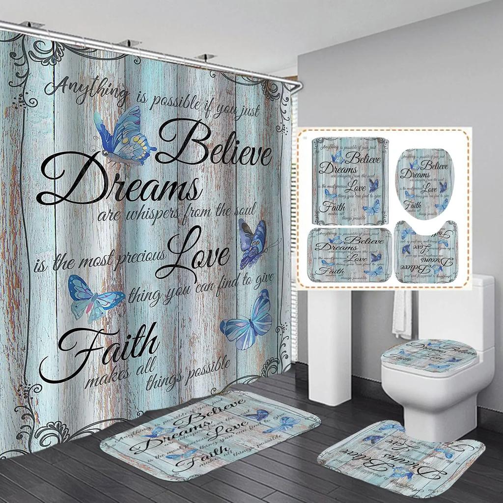 Inspirational Quotes Shower Curtain Set Rug Toilet Lid Cover Bath Mat Vintage Rustic Bathroom Decor Waterproof Wooden Poster