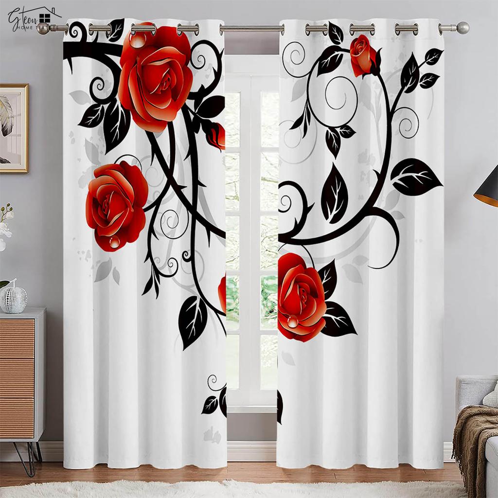 Retro Red Rose 3d Print Drapes Polyester Fiber Curtains Suitable For Bedroom Living Room Study Room Decorative Curtains 2 PCS