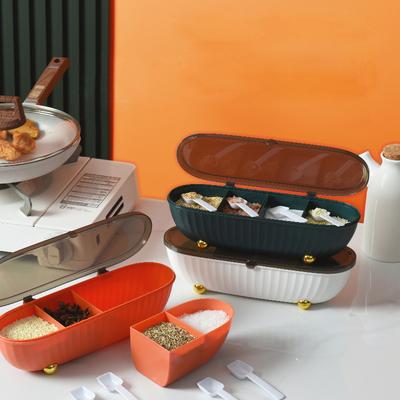 4 Fächer Gewürzbox mit Löffel Küchenorganizer Werkzeuge Aufbewahrungsboxen Gewürze Zucker Salz Staubdichtes Gewürzglas