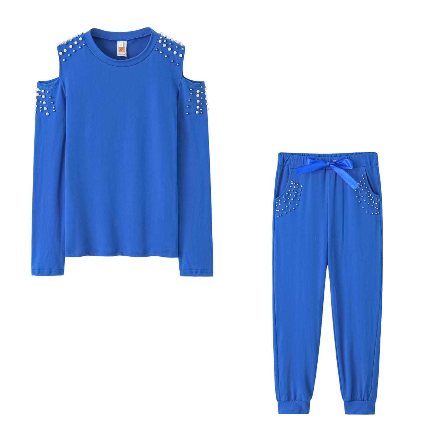 

Сексуальный комплект с бусинами, однотонный, с круглым вырезом, с длинным рукавом S синий