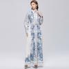 Vintage Print einreihiges figurbetontes Maxikleid für Damen Frühling Herbst Umlegekragen Laternenärmel Elegantes Abendkleid Robes Femme
