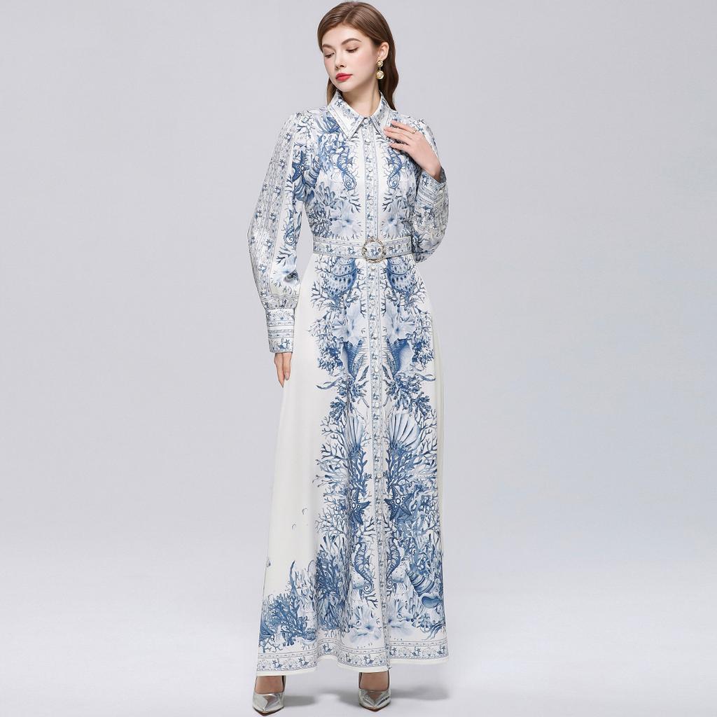 Vintage Print einreihiges figurbetontes Maxikleid für Damen Frühling Herbst Umlegekragen Laternenärmel Elegantes Abendkleid Robes Femme
