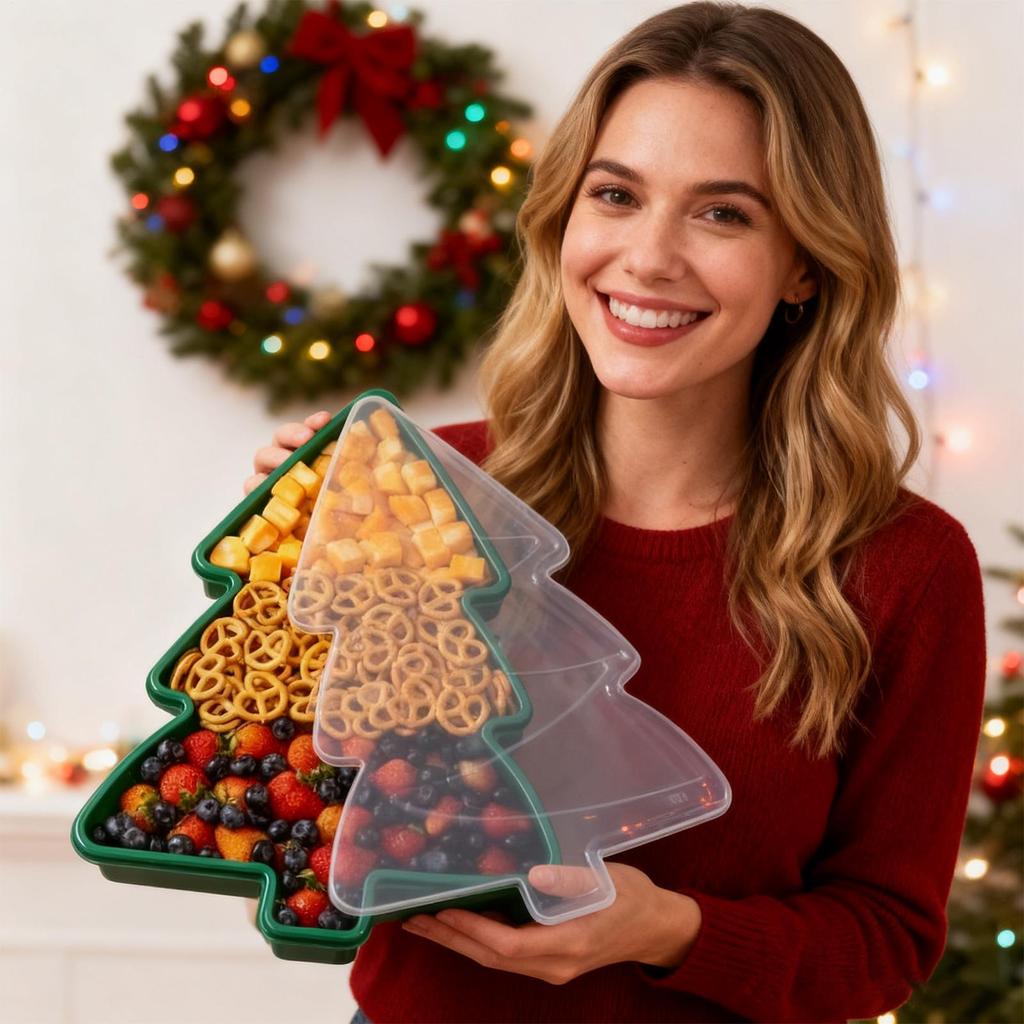 Christmas Snack Tray Food Organizer Serving Tray Holiday Snack Box Container For Treats Nuts Fruit Popcorn Dip Dessert Party