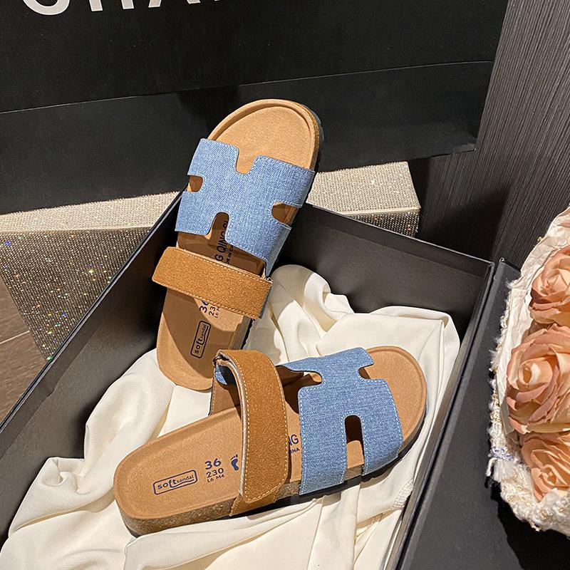 Slippers Women Summer Wear New Retro Velcro Cork Thick Bottom Beach Cool Slippers Large Size