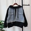 Premium hooded zipper denim splicing knitted double-sided woolen cardigan autumn new loose sweater jacket women