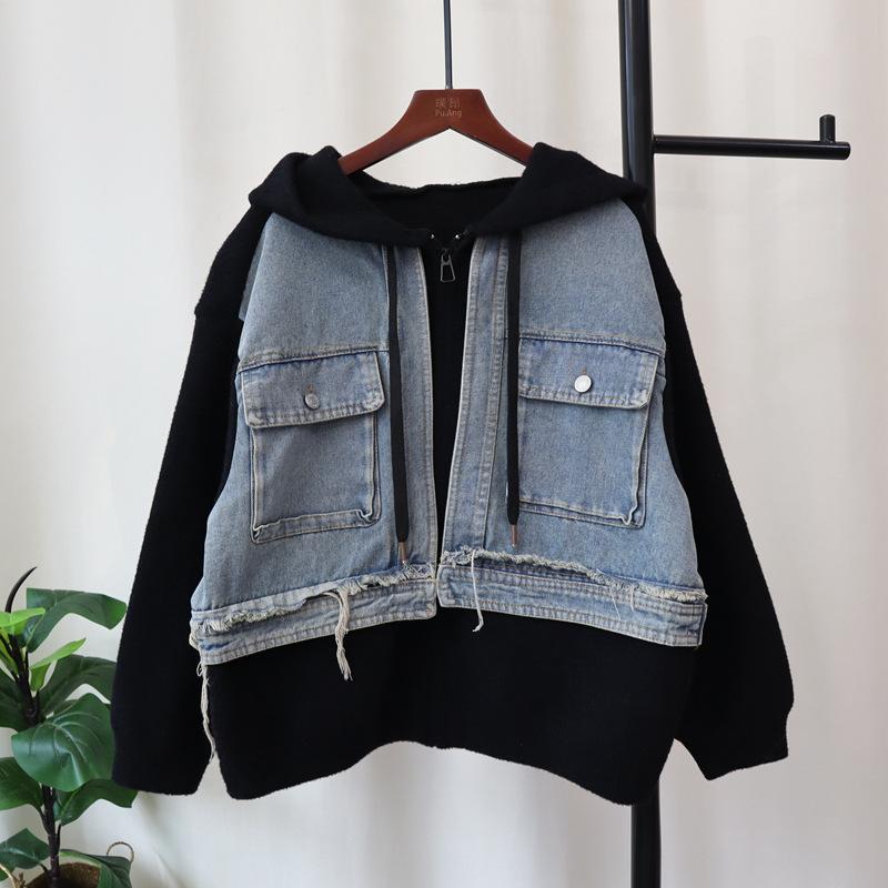 Premium hooded zipper denim splicing knitted double-sided woolen cardigan autumn new loose sweater jacket women