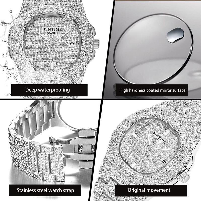 Luxury Quartz Watch For Men Automatic Date Hip Hop Full Iced Diamond Clock Fashion Watch Men Waterproof Square WristWatch