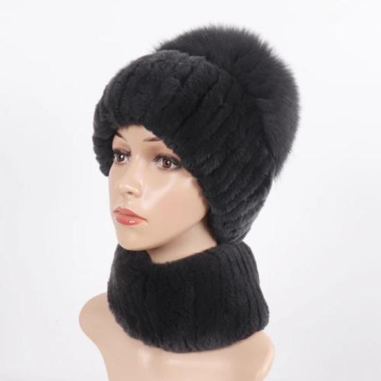 Women Winter Real Fur Hat Scarf 2 Pieces Knitted Rex Rabbit Fur Hat Top Natural Fox Fur Cap Scarves Sets Lady Warm Real Fur Caps