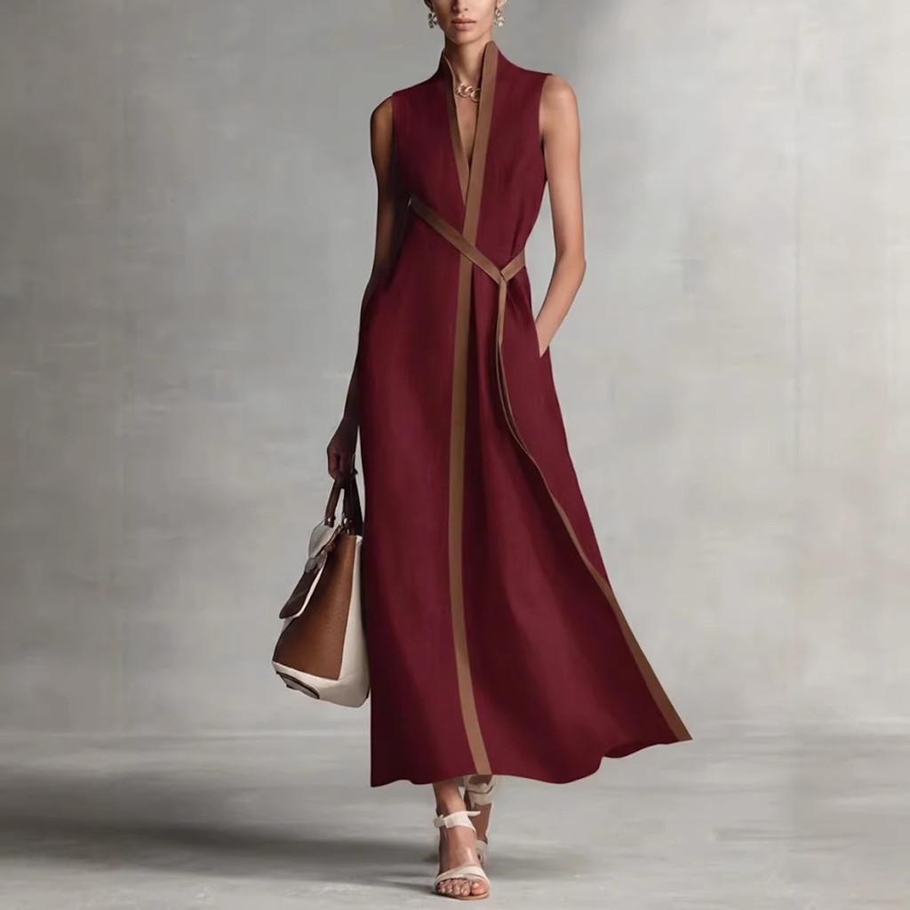 Spring 2026 Polyester Spliced Sleeveless Dress With Deep V Neck For Casual Wear