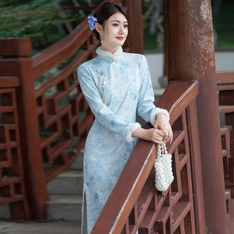 Long Sleeve Winter Warm Chinese-Inspired Dress With Stand Collar Side Slit Blue Thick Lined Qipao Style Women