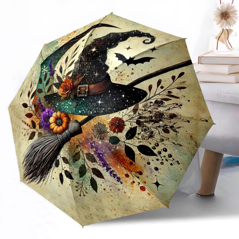 Hexe auf Besen bei Nacht Tragbarer Automatischer Regenschirm Faltbarer Regenschirm mit 8 Speichen Langlebiger Kunststoff & Eisen für Damen/Herren Eleganter Damenschirm