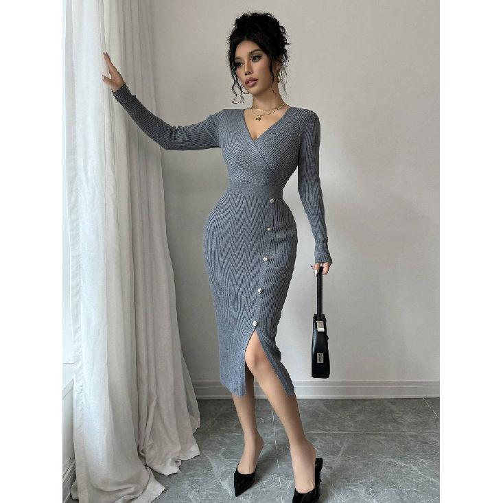 Dámský pletený zavinovací svetr s vysokým pasem, bodycon základní vrstva, spodní prádlo, středně dlouhý, s výstřihem do V, dlouhý rukáv, polyester, podzim zima