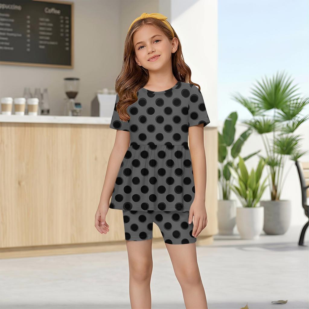 Sommer-Outfit-Set für Mädchen Polka-Dot-Print Kurzarm-Oberteil mit Rüschensaum und Shorts