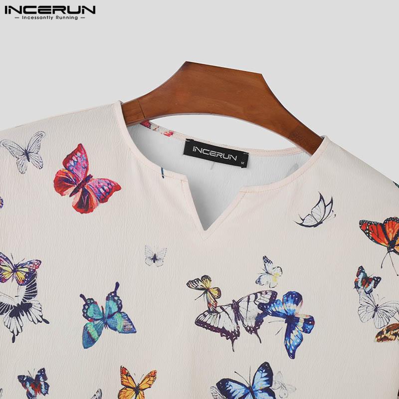 INCERUN Frühling Herbst Tops Männer V-Ausschnitt Langarm Blumendruck Casual Tops