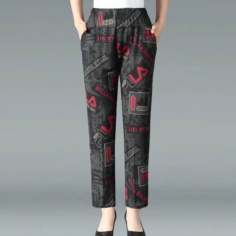 

Летние тонкие женские брюки, повседневные свободные брюки большого размера, дышащие брюки с девятью точками с принтом, прямые брюки с высокой талией XL чёрный