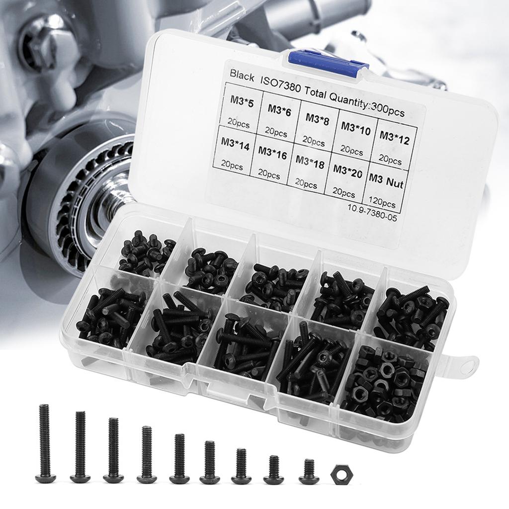 300pcs M3 Black 10.9 Grade Button Head Hex Socket Screw Bolt Nut Assortment Kit