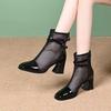 Summer New Women Mesh Boots Breathable Hollow Out Ankle Boots Leather Mid Block Heel Fashion Square Toe Sandal Booties