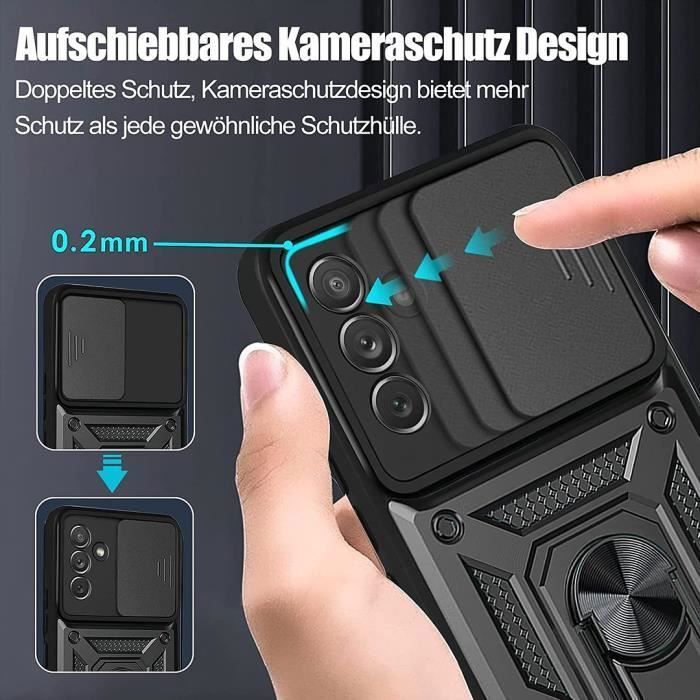 Coque pour Samsung Galaxy A14 - avec 2 Verre Trempé - Antichoc - Bague rotative 360° - Protection objectif - Noir