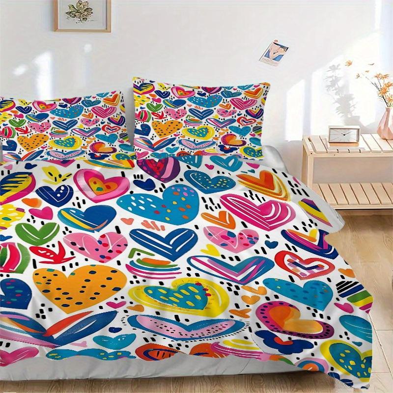 3pcs Colorful Hearts Bedding Set, Ideal for Home Use, Suitable for Bedroom Decor (1*Duvet Cover + 1/2*Pillowcases, No Core) yy250821190