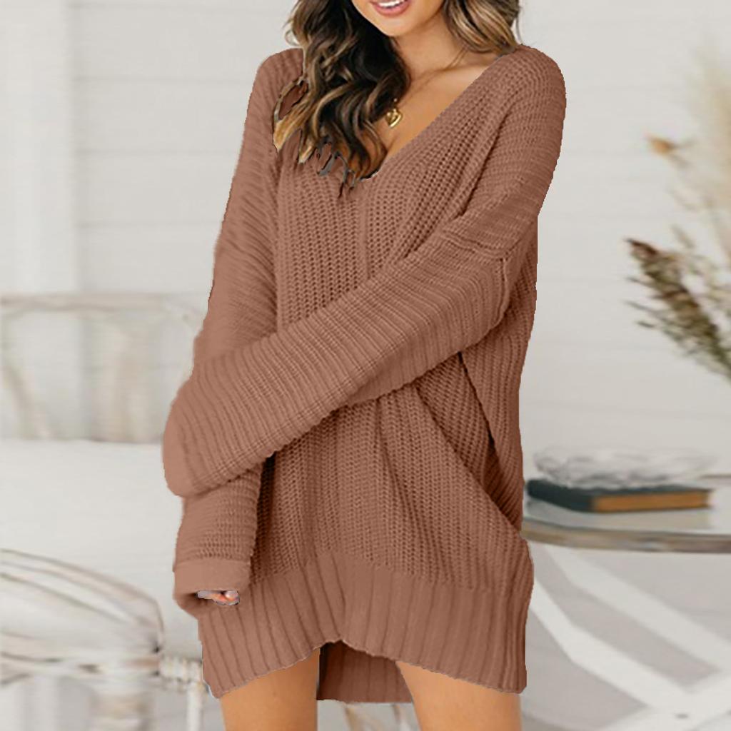 Women Fashion Casual Solid Color Solid Color Loose V-neck Stitching Long-sleeved Knitted Dress