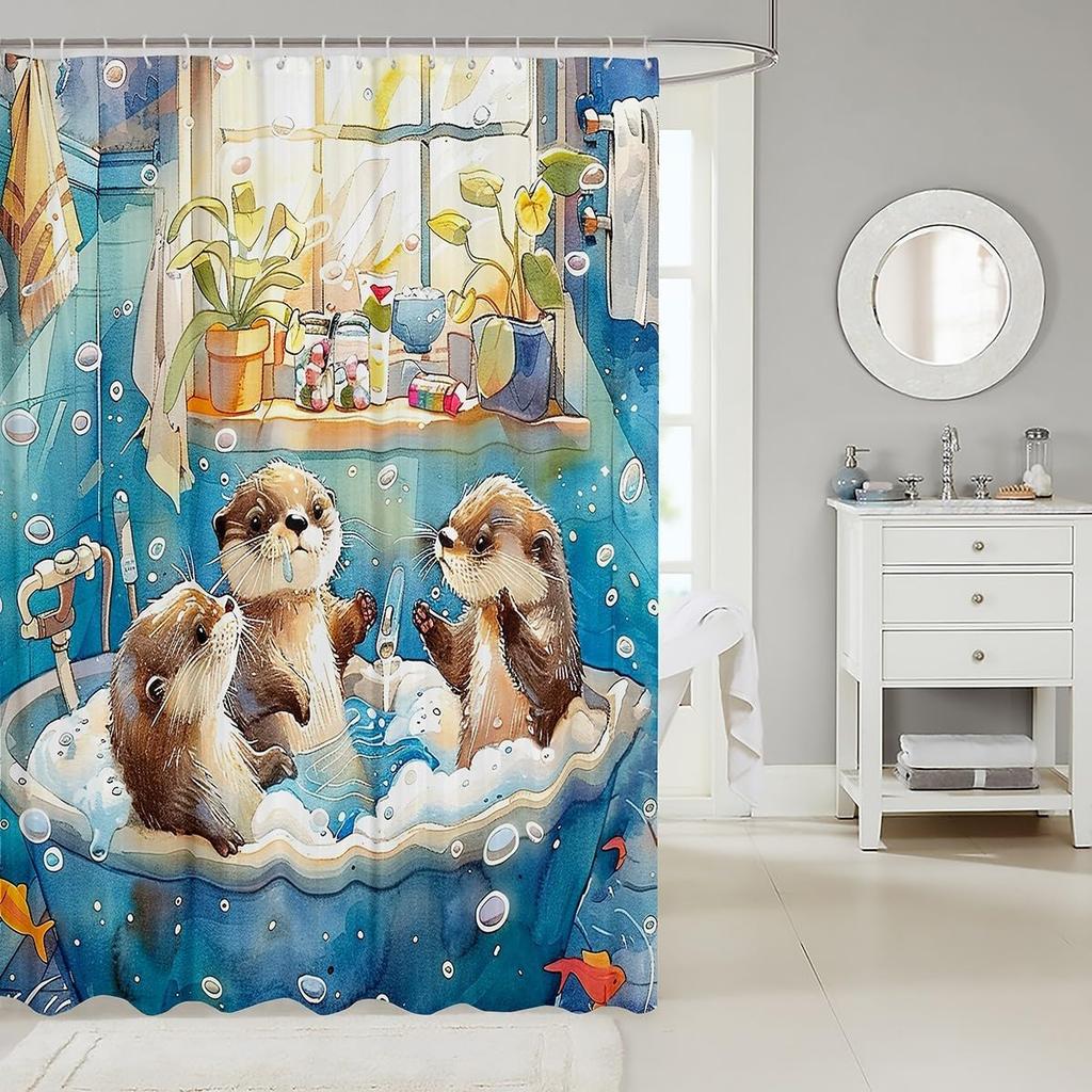 Cute Otter Shower Curtain Animal Bath Scene Watercolor Art Cartoon Design Kids Bathroom Decor Waterproof Fabric Fun Home150X200