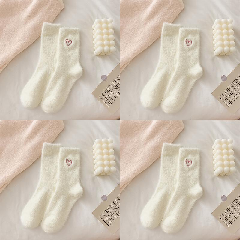 4 PAIRS Women Winter Warm Funny Socks Love Fuzzy Fashion Middle Tube Socks Female Thick Home Floor Sleep Socks