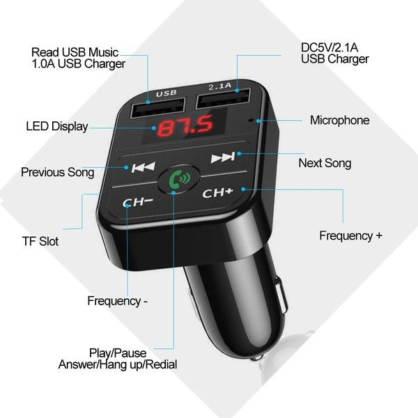 Bil Bluetooth 5.0 FM-sender Trådløs håndfri lydmottaker Auto MP3-spiller 2.1A Dual USB Hurtiglader Biltilbehør