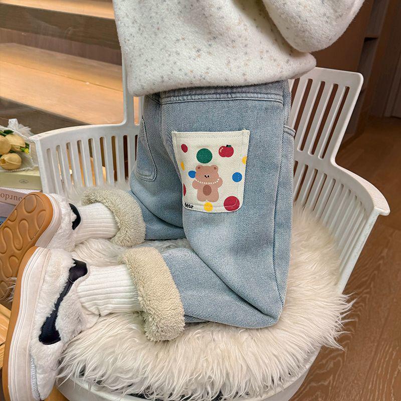 Girls' Winter Fleece-Lined Jeans: Alpaca Fleece One-Piece Warm Casual Pants