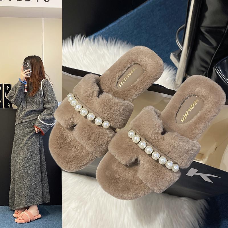 Fashion French Straight Cotton Slippers Women's Outer Wear Autumn and Winter New Comfortable Retro Flat Plush Mop