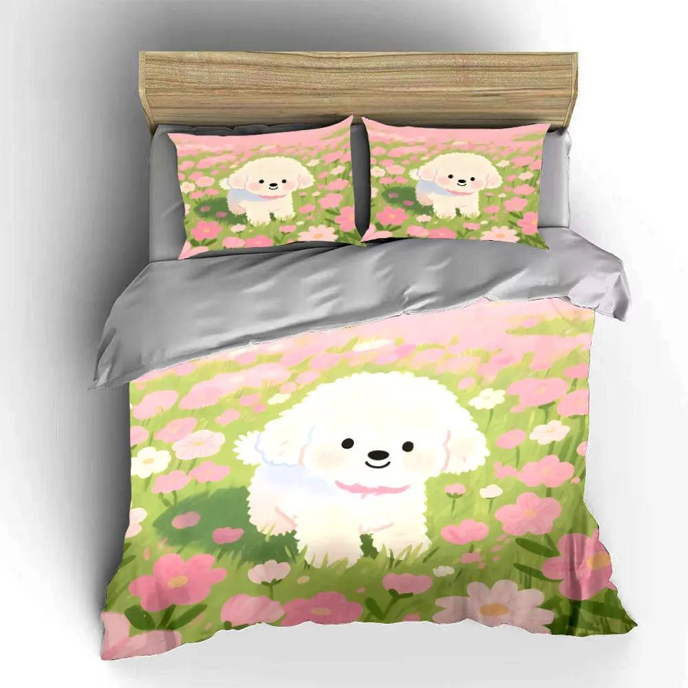 Cute Puppy Floral Decor Set Soft Comfortable Duvet Cover Bedding Set Included 1*Duvet Cover & 2*Pillowcases Gift
