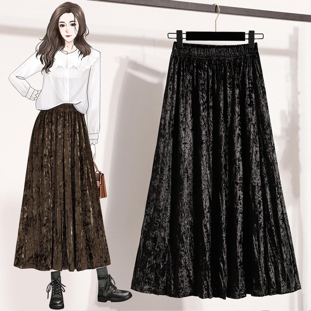 Pleated Velvet A-Line Skirt: Women's Versatile Mid-Length High-Waisted Slimming Style for Autumn and Winter
