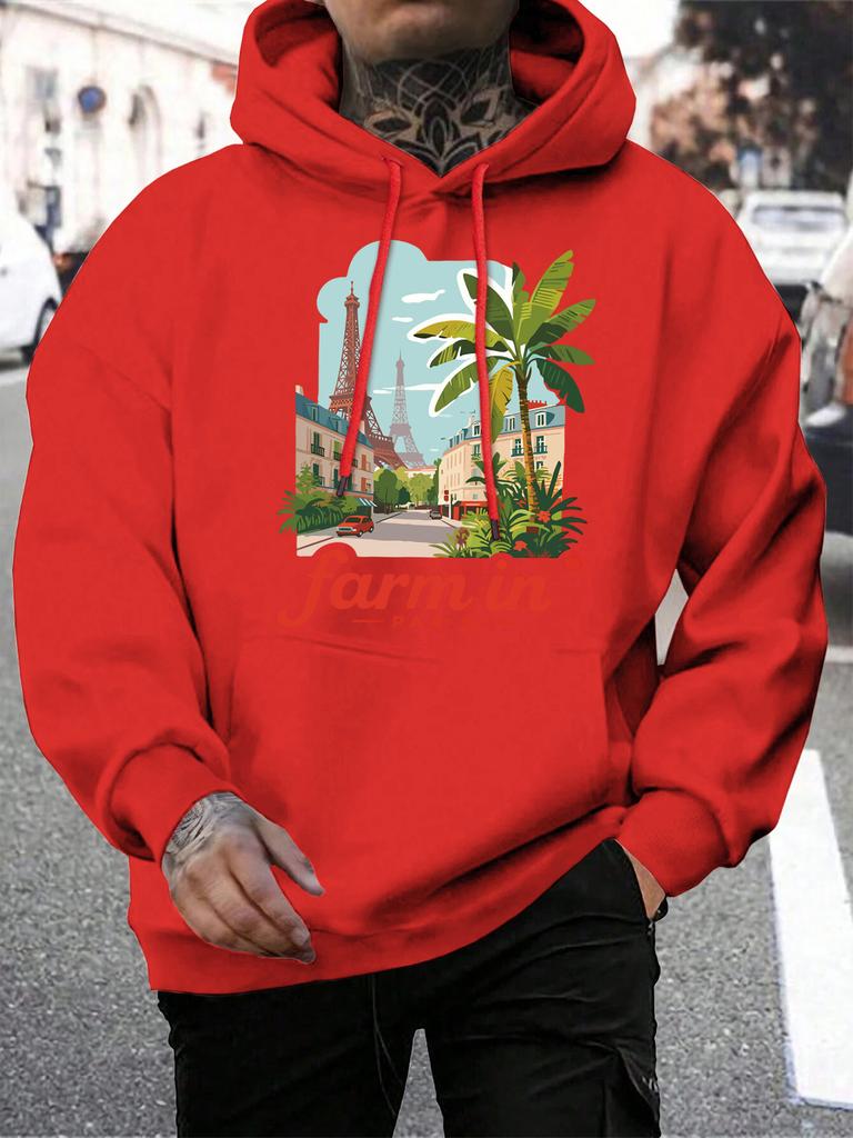 Farm In Pairs Street Scenery Print Men Hoodies Pocket Fleece Sportswear Loose Hip Hop Hoodie All-Match Autumn Man Pullovers