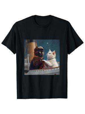 Vintage Couple Cat Meme Graphic Tee Men's Funny RMS Ship Print Soft Cotton Casual T-Shirt Daily Wear