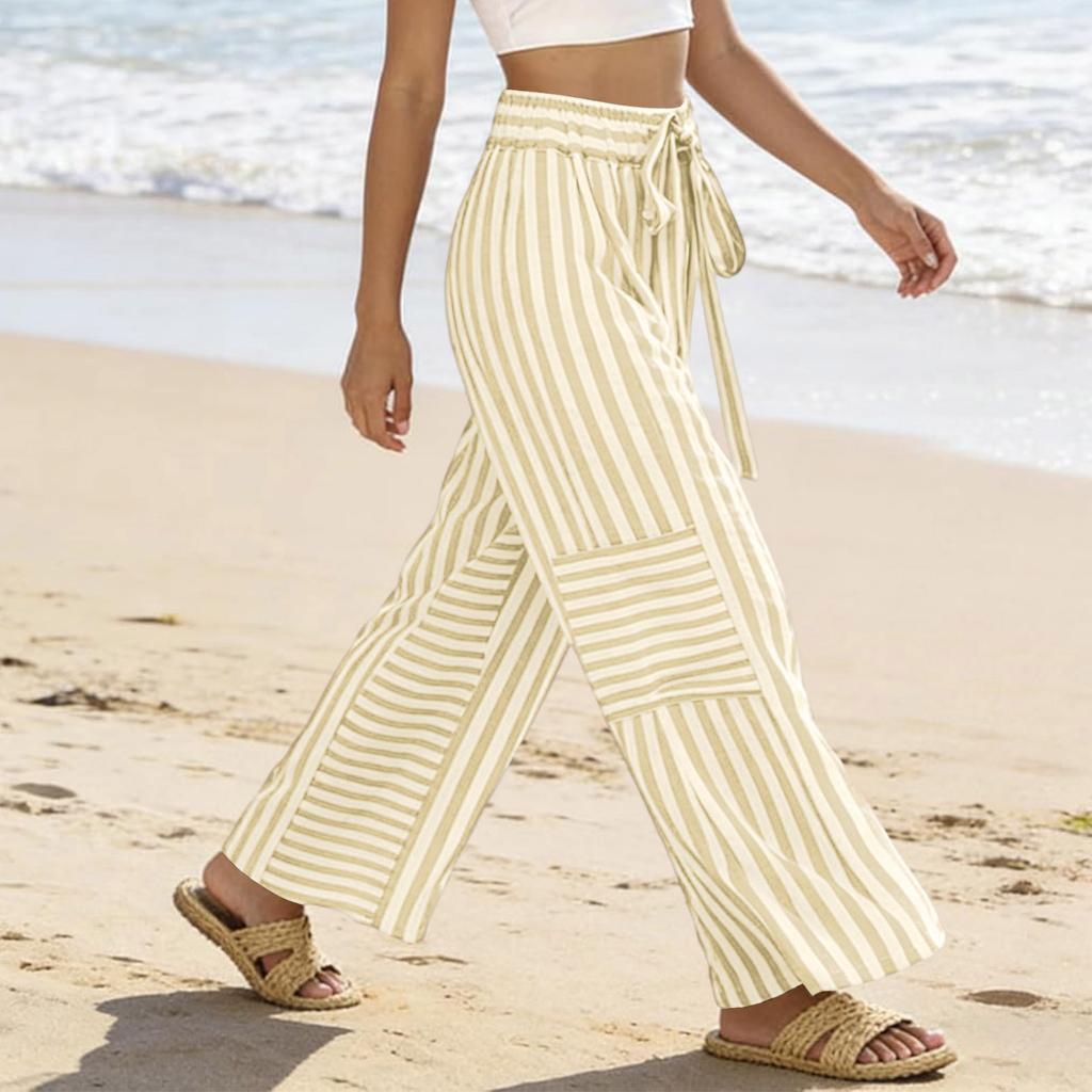 Women Striped High Waist Wide Leg Drawstring Pants Loose Fit Straight Casual Trousers with Pockets for Daily Wear