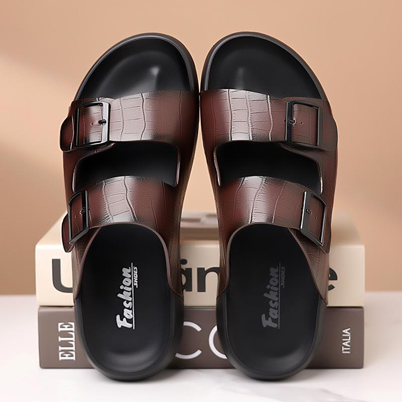 Fashion Summer Men Thick Bottom Slippers Leather High-quality Comfort Home Beach Vacation Slippers Casual Outdoor Breathable Beach Shoes
