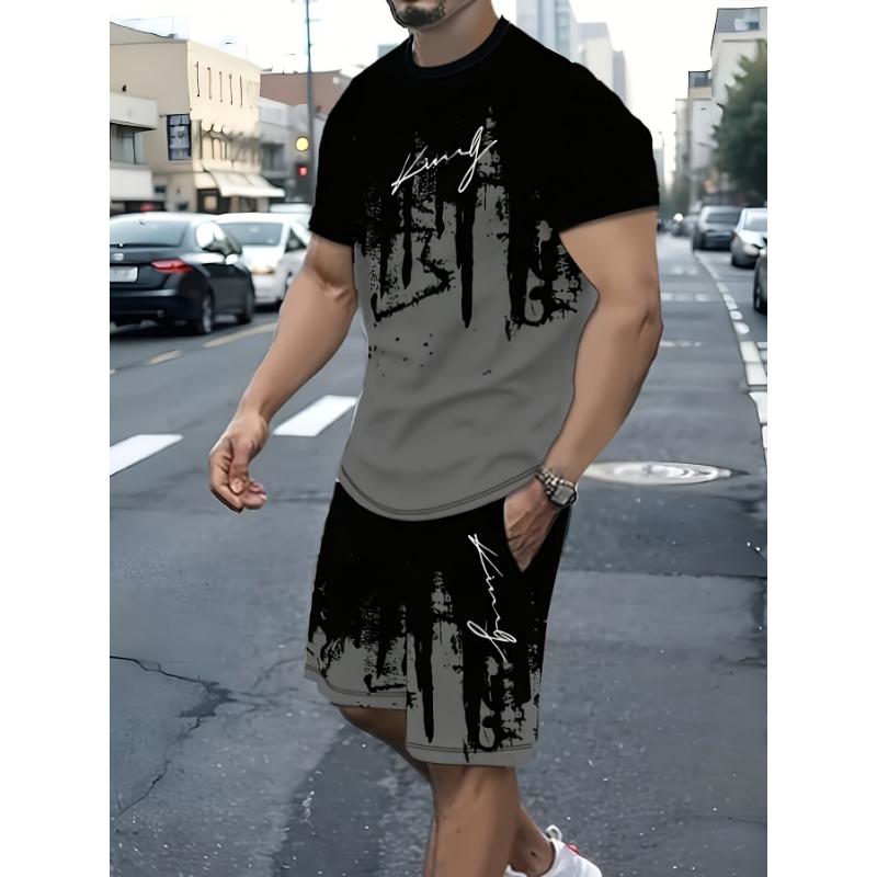 Men s new round neck casual short-sleeved shorts suit S