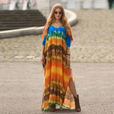 Damen Batik-Kaftan-Kleid in Übergröße, Badeüberzug, V-Ausschnitt, Fledermausärmel, lockeres Sommer-Outfit, Badeüberzug, Q1450