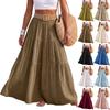 Women Fashion Solid Elastic Waist Patchwork Tiered Maxi Skirt Holiday Beach Linen Blend Casual Long Skirt with Belt